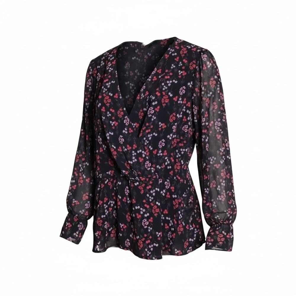 City Chic Black Floral Faux Wrap Draped Front Blouse Peplum Bottom  Sz L/20 NWT